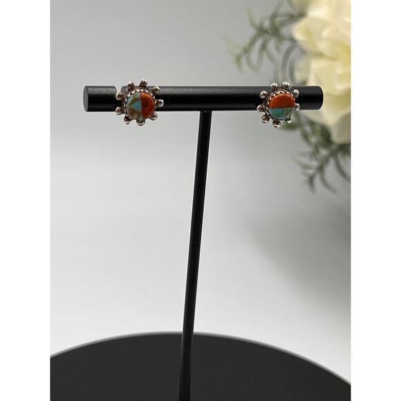 Sterling Silver Signed Designer Turquoise and Coral Small Stud Pierced Earrings - Picture 3 of 10